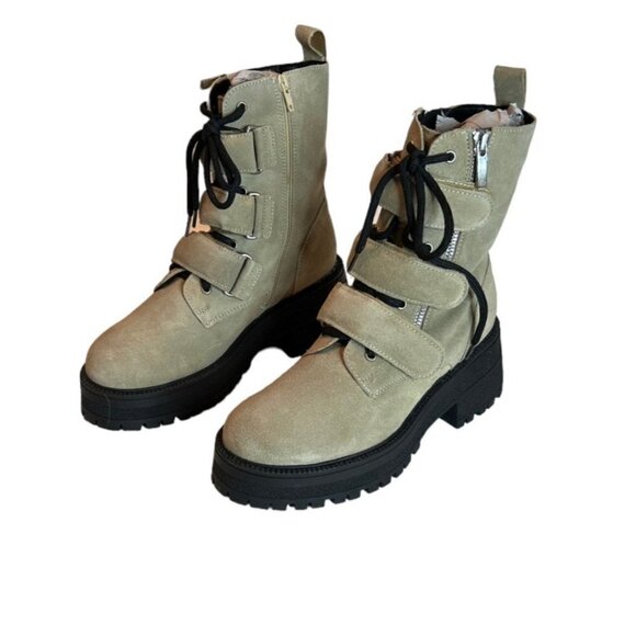 Free People Camel Suede Emmett Lace Strap Up Boots Latte Beige US 9 NWOB - Picture 1 of 5